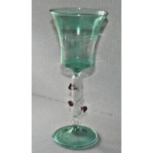 Rare Bimini Hollow Stem Emerald Green Wine Goblet Applied Roses Vintage See